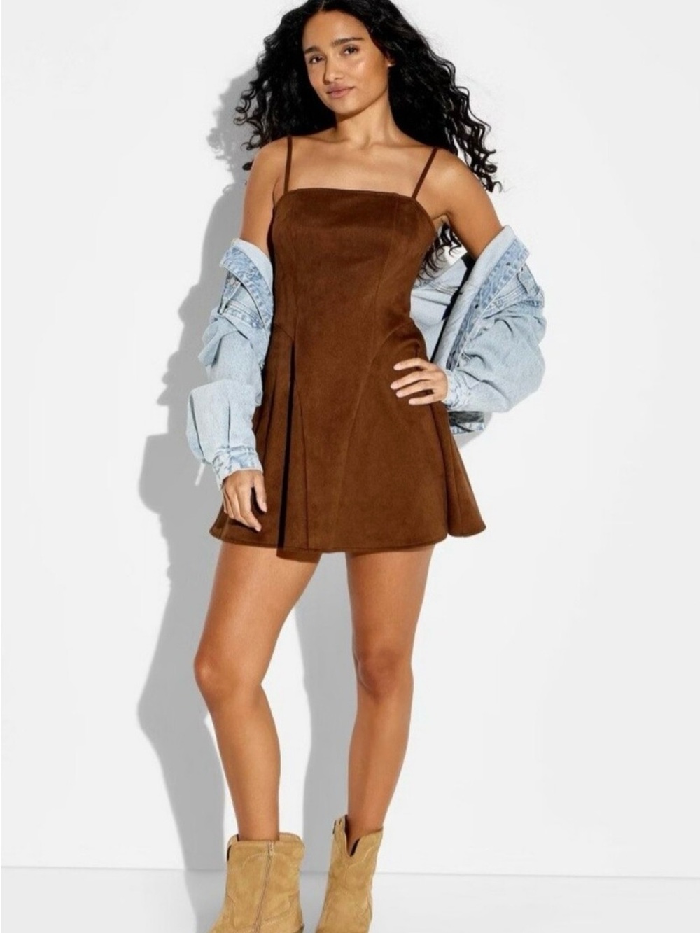 Brown Suede-Like Mini Dress with Spaghetti Straps